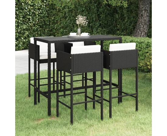 Set mobilier bar de grădină cu perne, 5 piese, negru, poliratan