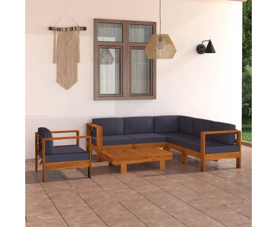 Set mobilier grădină perne gri închis, 7 piese, lemn acacia