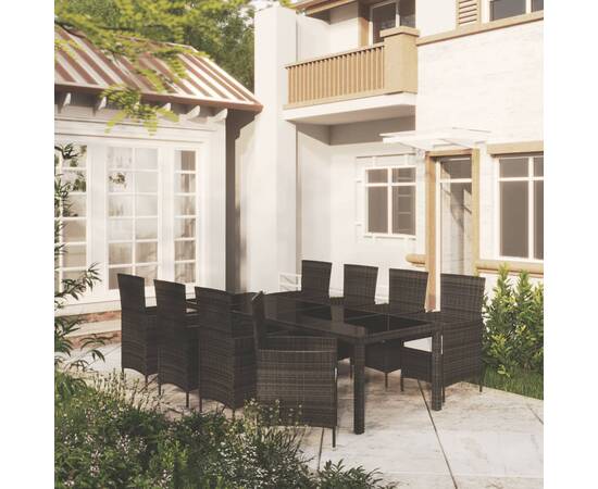 Set mobilier de exterior cu perne, 9 piese, negru, poliratan