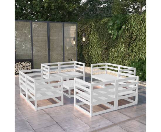 Set mobilier de grădină, 9 piese, alb, lemn masiv de pin