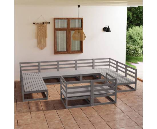 Set mobilier de grădină, 11 piese, gri, lemn masiv de pin