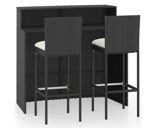Set mobilier bar de grădină cu perne, 3 piese, negru, 2 image