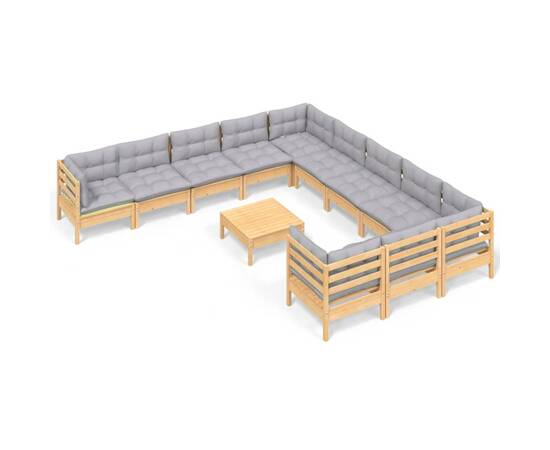 Set mobilier de grădină cu perne, 12 piese, gri, lemn masiv pin, 2 image