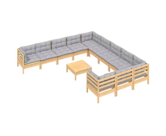 Set mobilier de grădină cu perne, 12 piese, gri, lemn masiv pin, 3 image