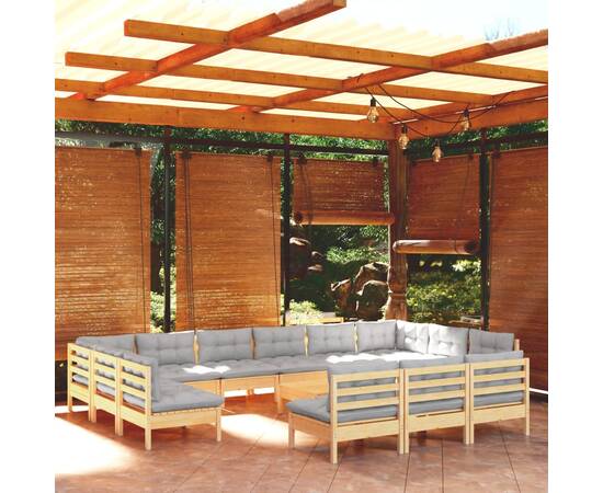 Set mobilier de grădină cu perne, 14 piese, gri, lemn masiv pin