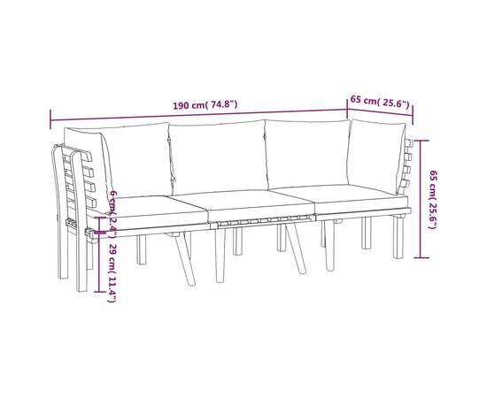 Set mobilier de grădină cu perne, 3 piese, lemn masiv acacia, 8 image