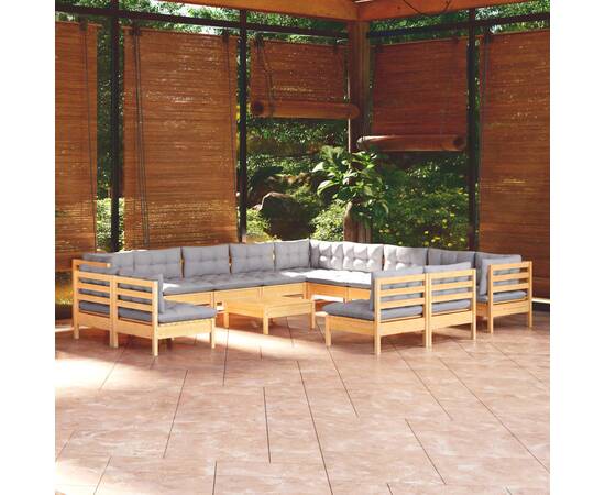 Set mobilier grădină cu perne, 14 piese, gri, lemn masiv pin