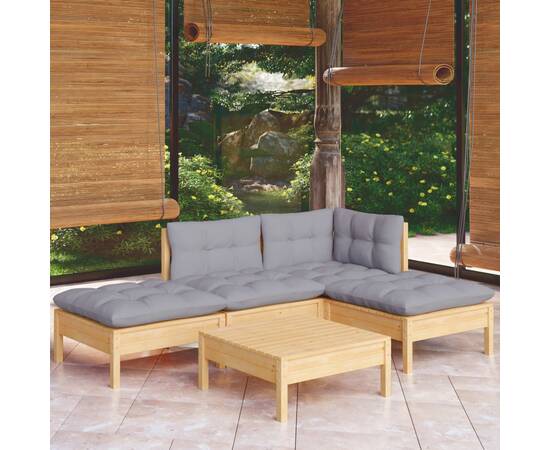 Set mobilier grădină cu perne gri, 5 piese, lemn masiv pin