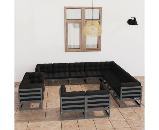 Set mobilier de grădină cu perne, 12 piese, gri, lemn masiv pin