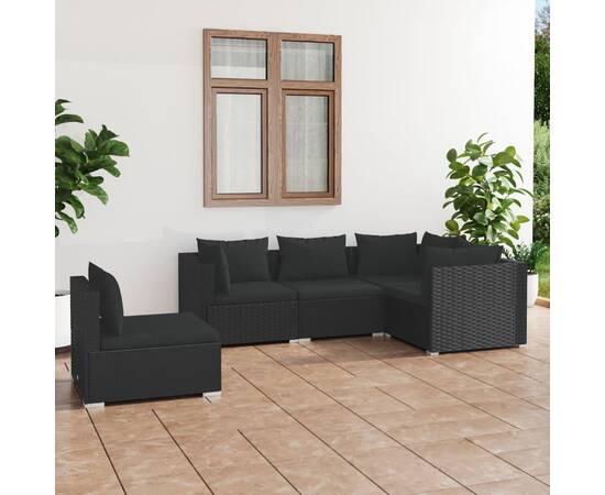 Set mobilier de grădină cu perne, 5 piese, negru, poliratan