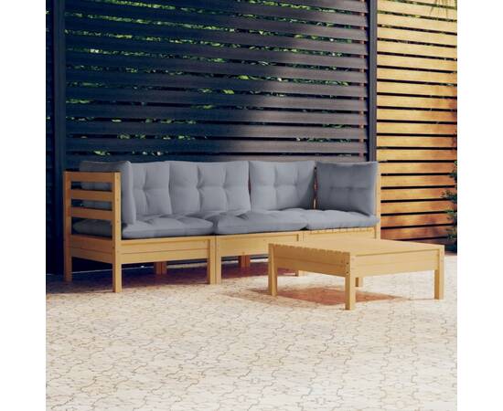 Set mobilier de grădină cu perne gri, 4 piese, lemn de pin