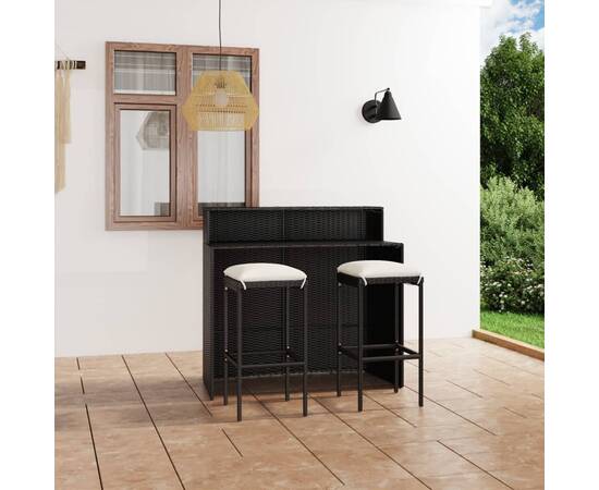 Set mobilier bar de grădină cu perne, 3 piese, negru