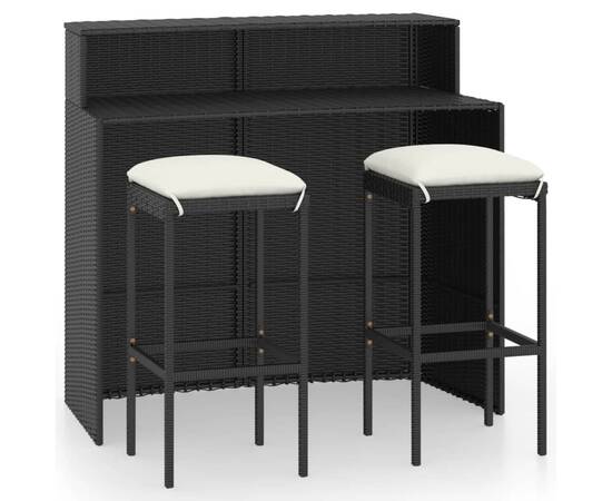 Set mobilier bar de grădină cu perne, 3 piese, negru, 2 image