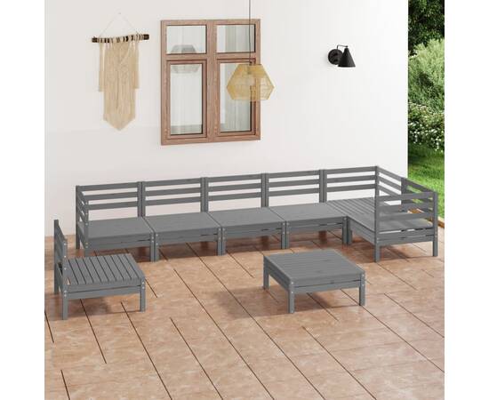 Set mobilier de grădină, 8 piese, gri, lemn masiv de pin