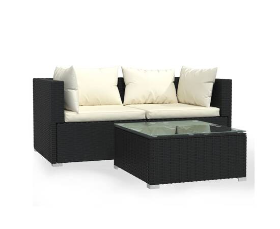 Set mobilier de grădină cu perne, 3 piese, negru, poliratan, 2 image