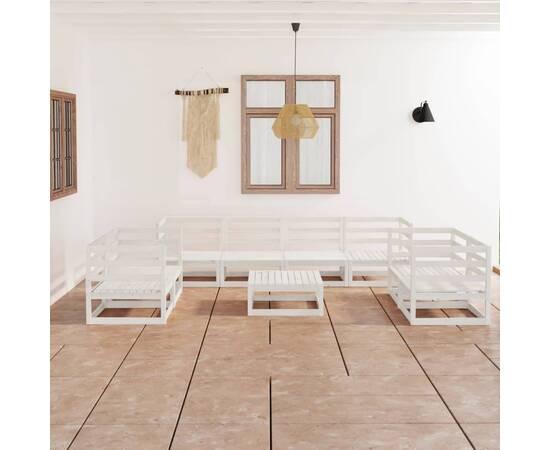 Set mobilier de grădină, 9 piese, alb, lemn masiv de pin