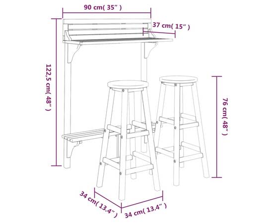 Set mobilier de bar de balcon, 3 piese, lemn masiv de acacia, 8 image