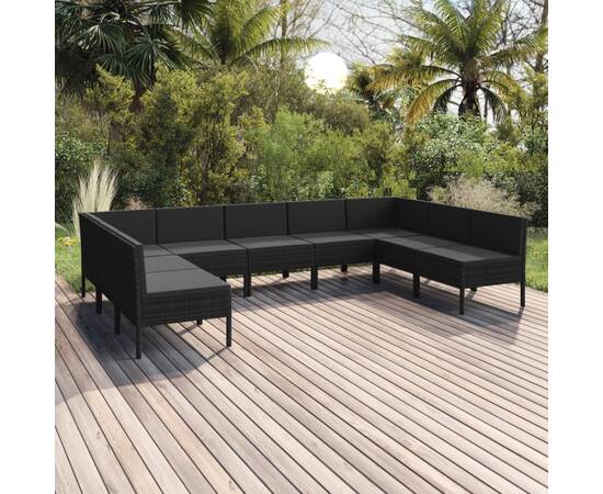 Set mobilier de grădină cu perne, 9 piese, negru, poliratan