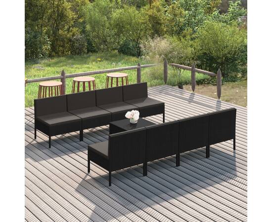 Set mobilier de grădină cu perne, 9 piese, negru, poliratan