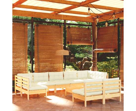 Set mobilier grădină cu perne crem, 10 piese, lemn masiv de pin