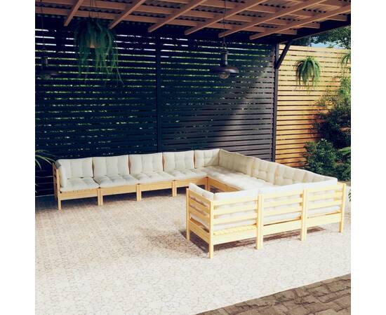 Set mobilier grădină cu perne crem, 11 piese, lemn de pin