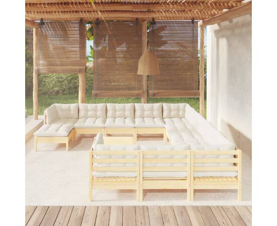 Set mobilier grădină cu perne crem, 13 piese, lemn de pin