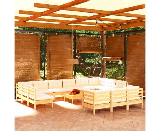 Set mobilier grădină cu perne crem, 14 piese, lemn masiv de pin
