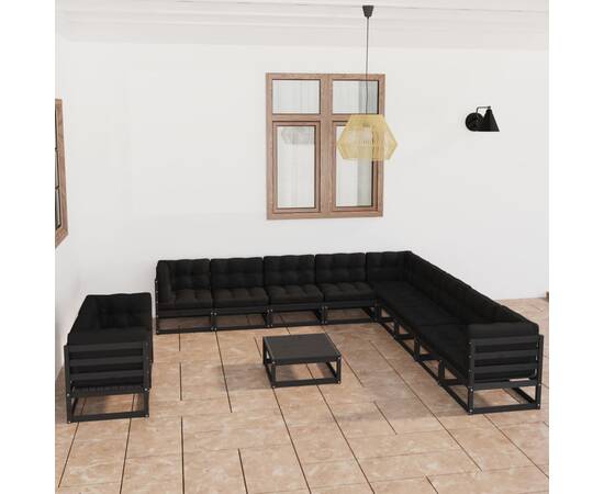 Set mobilier de grădină cu perne12 piese, negru, lemn masiv pin