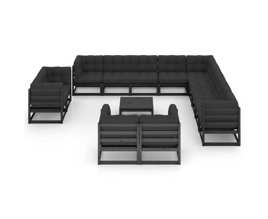 Set mobilier de grădină cu perne14 piese, negru, lemn masiv pin, 3 image