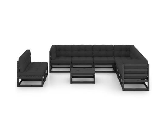 Set mobilier grădină cu perne, 10 piese, negru, lemn masiv pin, 2 image