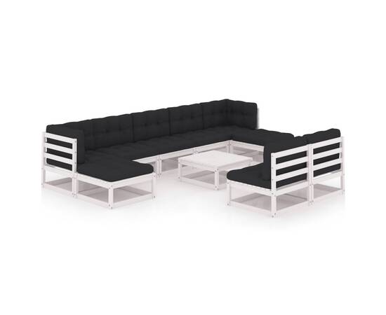 Set mobilier de grădină cu perne, 10 piese, alb, lemn masiv pin, 2 image