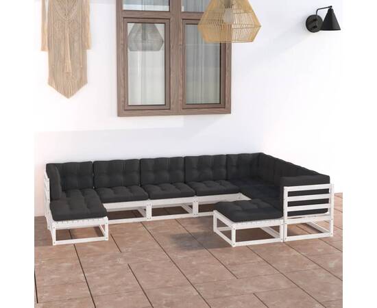 Set mobilier de grădină cu perne, 9 piese, alb, lemn masiv pin