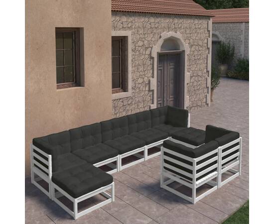 Set mobilier de grădină cu perne, 9 piese, alb, lemn masiv pin