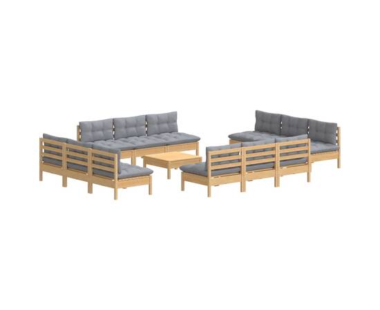 Set mobilier de grădină cu perne, 13 piese, gri, lemn masiv pin, 3 image