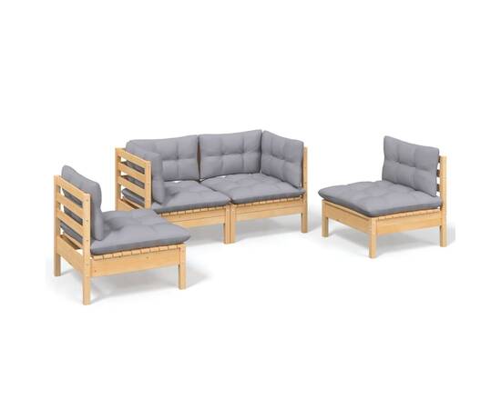 Set mobilier de grădină cu perne, 4 piese, gri, lemn masiv pin, 2 image