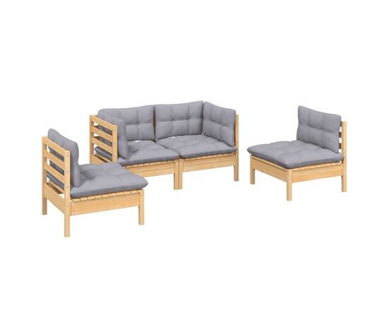 Set mobilier de grădină cu perne, 4 piese, gri, lemn masiv pin, 3 image