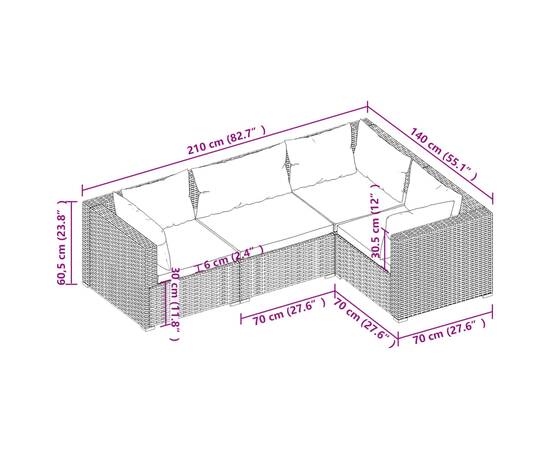 Set mobilier de grădină cu perne, 4 piese, negru, poliratan, 6 image