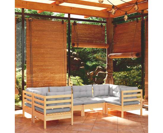 Set mobilier de grădină cu perne, 6 piese, gri, lemn masiv pin