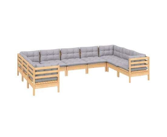 Set mobilier de grădină cu perne, 9 piese, gri, lemn masiv pin, 3 image