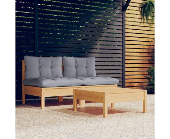 Set mobilier de grădină cu perne gri, 3 piese, lemn de pin