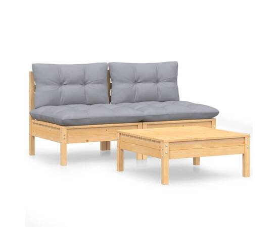 Set mobilier de grădină cu perne gri, 3 piese, lemn de pin, 2 image