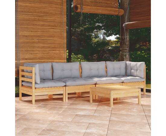 Set mobilier de grădină cu perne gri, 5 piese, lemn masiv pin