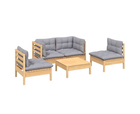 Set mobilier de grădină cu perne gri, 5 piese, lemn masiv pin, 3 image