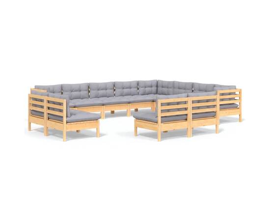 Set mobilier grădină cu perne, 12 piese, gri, lemn masiv pin, 2 image