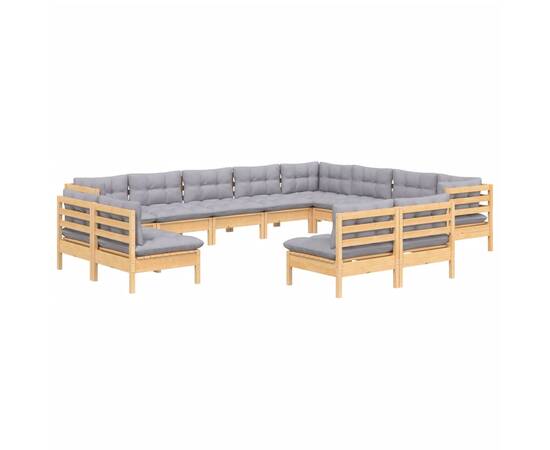 Set mobilier grădină cu perne, 12 piese, gri, lemn masiv pin, 3 image