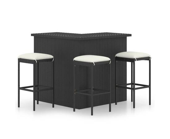 Set mobilier bar de grădină cu perne, 4 piese, negru, poliratan