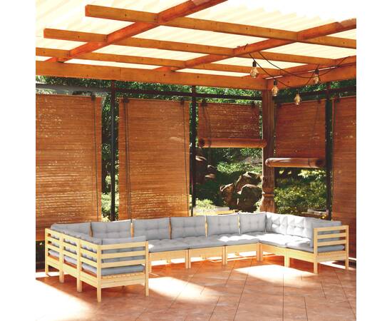 Set mobilier de grădină cu perne, 10 piese, gri, lemn masiv pin