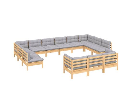 Set mobilier de grădină cu perne, 13 piese, gri, lemn masiv pin, 3 image