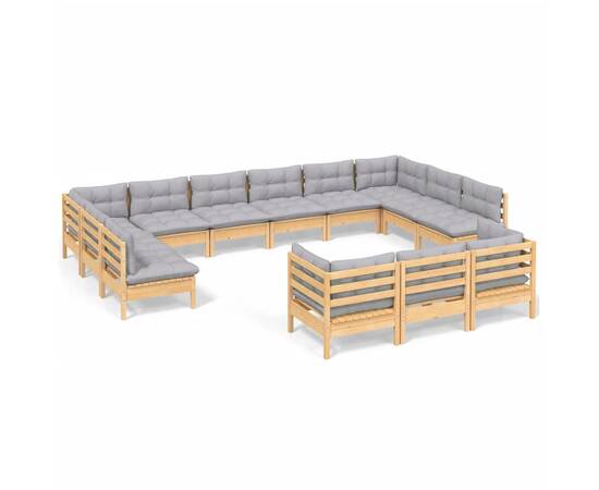 Set mobilier de grădină cu perne, 13 piese, gri, lemn masiv pin, 2 image