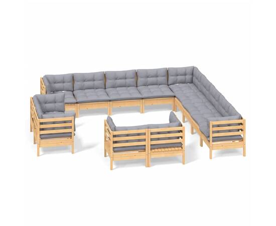 Set mobilier de grădină cu perne, 13 piese gri, lemn masiv pin, 2 image